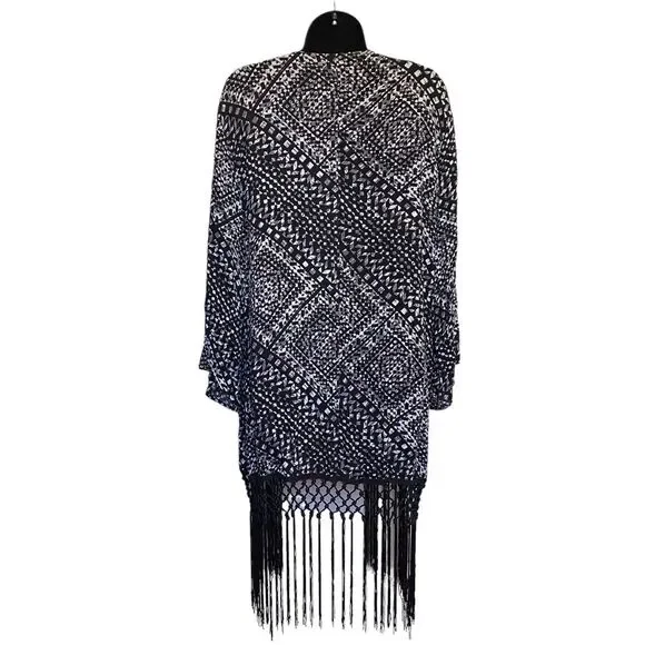 Boom Boom Jeans Abstract Print Macrame Fringe Open Front Cardigan Cover-Up L/XL - Picture 13 of 13